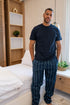 Men summer pajama set Dark Blue T-shirt + Dark Blue X Dark Green Striped Pants